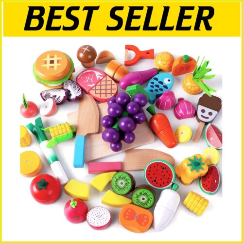 Colorful Wooden Play Food Cutting Set: Educational Fun for Toddlers 3-7 Years