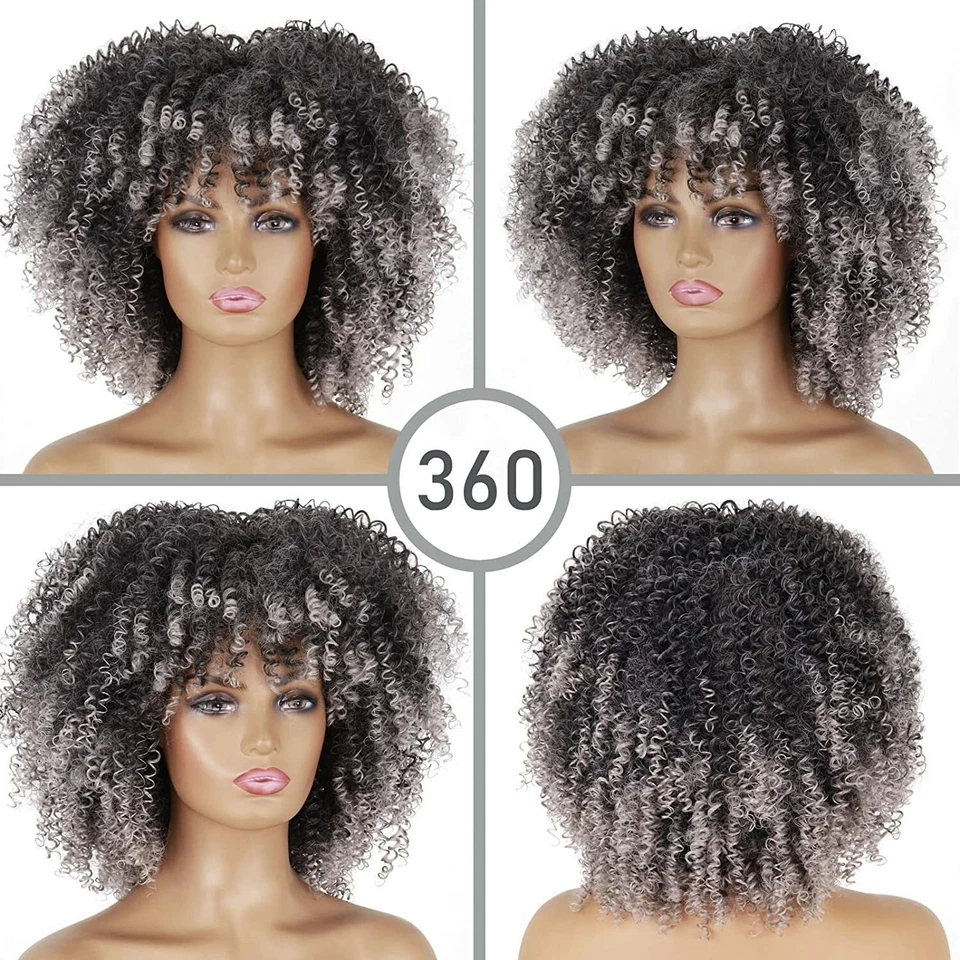 Peluca rizada afro gris ombre con flequillo sintético para mujer moda fiesta Foto 4 de 4
