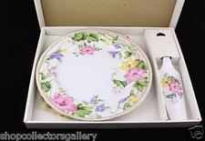 ANDREA BY SADEK BOTANICAL FLORAL PORCELAIN CAKE PLATE WITH SERVER – NEW IN BOX