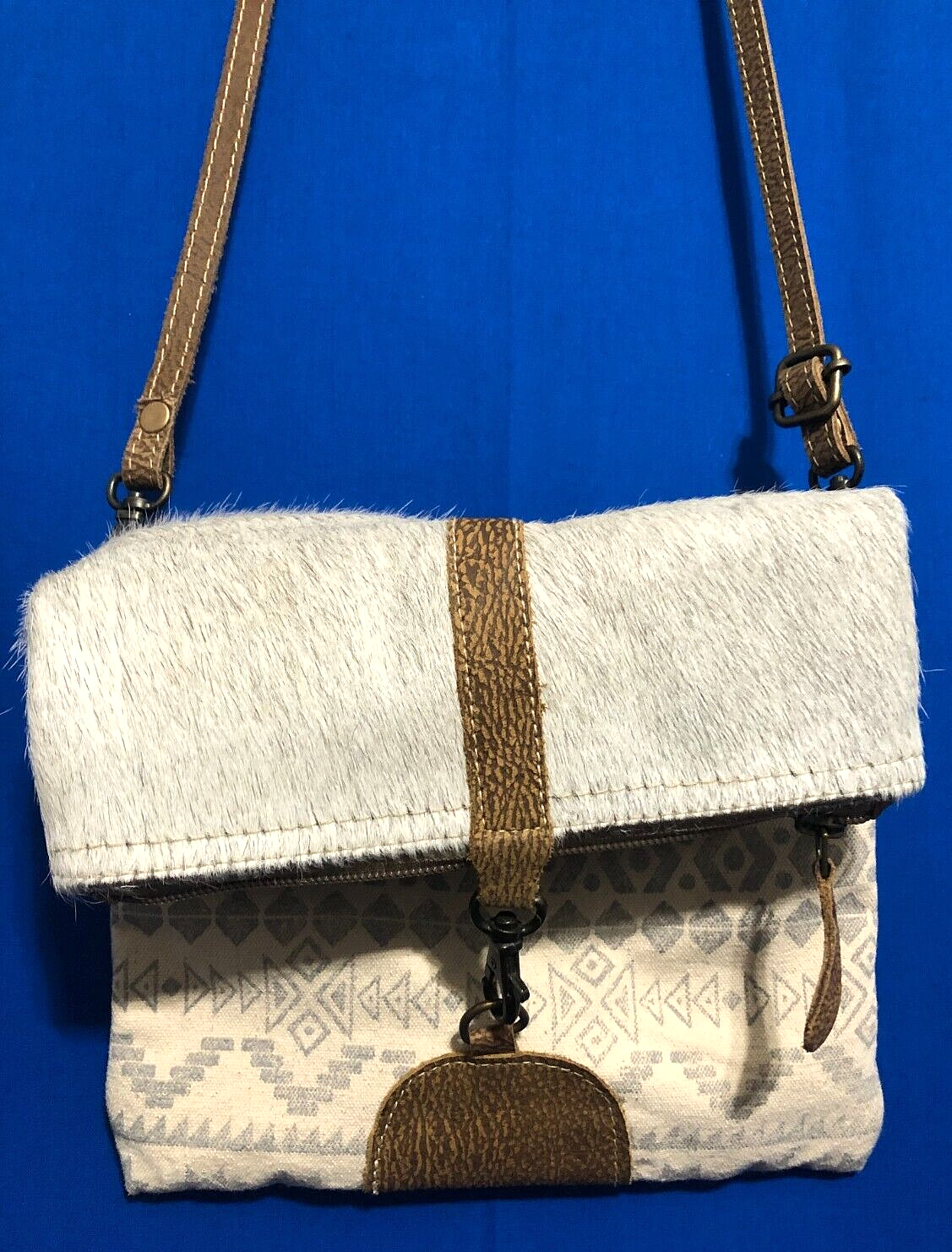 MYRA BAG Small GRUMPY UPCYCLED CANVAS COWHIDE Beige/Gray CROSSBODY CLUTCH BAG