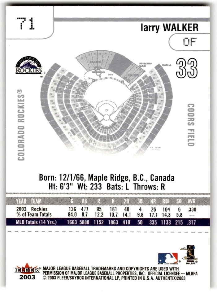 2003 Fleer Authentix Larry Walker #71 Colorado Rockies - Image 2 of 2