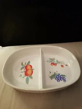 vintage oval divided serving dish/vegetable bowl, fruit pattern