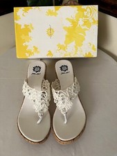 NEW Yellow Box Size 10 M WHITE Cork 3 Wedges Rhinestones