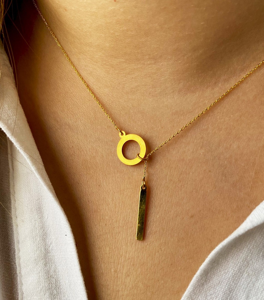 Handmade 14k Solid Gold Y Drop Circle and Bar Necklace