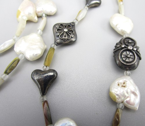 UNUSUAL AZZA FAHMY EGYPTIAN STERLING SILVER HEART SHAPED PEARL 51" NECKLACE - Picture 3 of 6