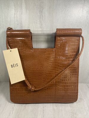 NWT Béis the Crossbody in Cognac Croc Brown Faux Leather Convertible Purse 
