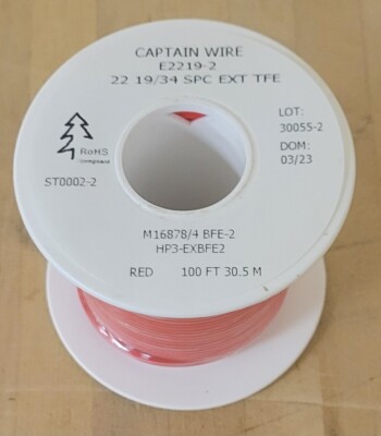 22 AWG Mil-Spec Wire, PTFE Insulated, Stranded Silver Plated, Red, 100 ft