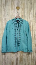 Carole Little 100 Silk Blazer Jacket Blue Embroidered Art Wear Button Large