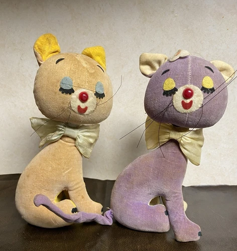 Pair of Dakin Dream Pets Vintage Pink & Purple CAT Plush Stuffed Animal Toy