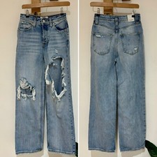 We The Free People Extreme Ripped Trashed Straight Blue Wide Leg Jeans Size 25