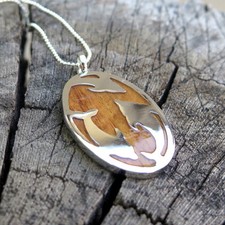 KOA WOOD HAWAII JEWELRY OVAL DOLPHIN SILVER RHODIUM PLATED BRASS PENDANT BRP1053