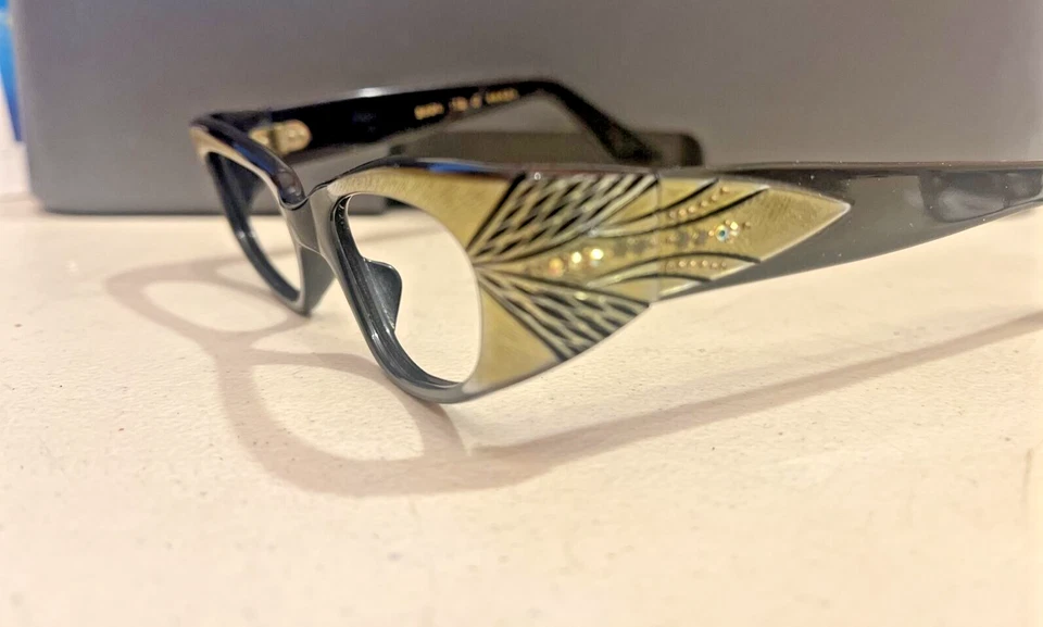 Marco de gafas vintage para mujer Cateye Swank Francia 44x20 estrás oliva Foto 3 de 4