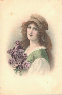 Illustrated PC Art Young Woman's Portrait w/ Flowers M.M. Vienne early 1900s