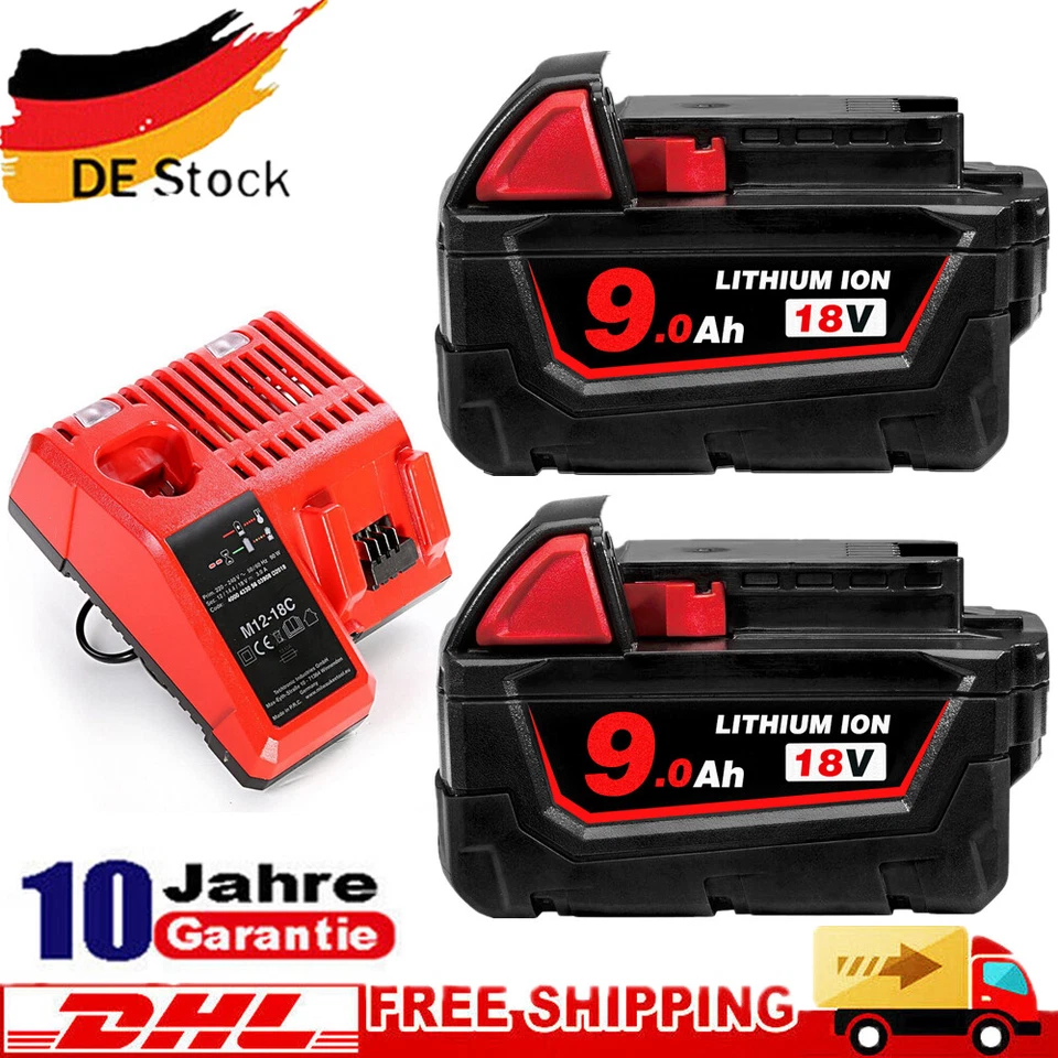 MARKENLOS 2X 18V 9.0AH Für Milwaukee M18 7.0AH Akku Li-Ion M18B9 48-11-1860-2 /Ladegerät