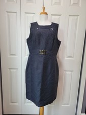 TAHARI Arthur S Levine Navy Blue Gold Accent Jacquard Sheath Dress sz 14 NWT