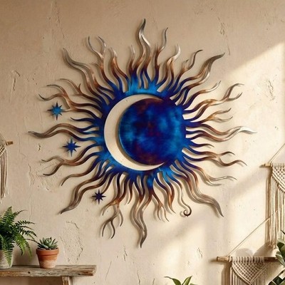 Crescent Moon Sun Metal Wall Art, Blue Celestial Sun Wall Decor