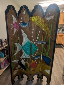 Vintage Hand Carved Tropical Fish Folding Screen Room Divider Coastal Boho 66x44