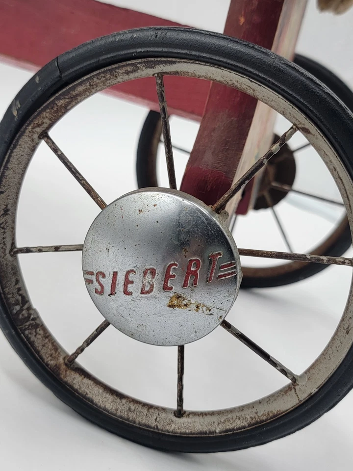 Antiguo juguete de madera para montar a caballo infantil Gong Bell Co ruedas de madera hechas a mano años 20 Foto 4 de 4