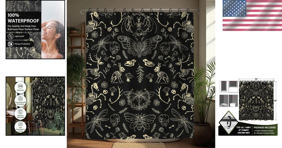 Halloween Negro y Dorado Calavera Cortina de Ducha Gótico Baño Decoración 72x72 Pulgadas Foto 2 de 4