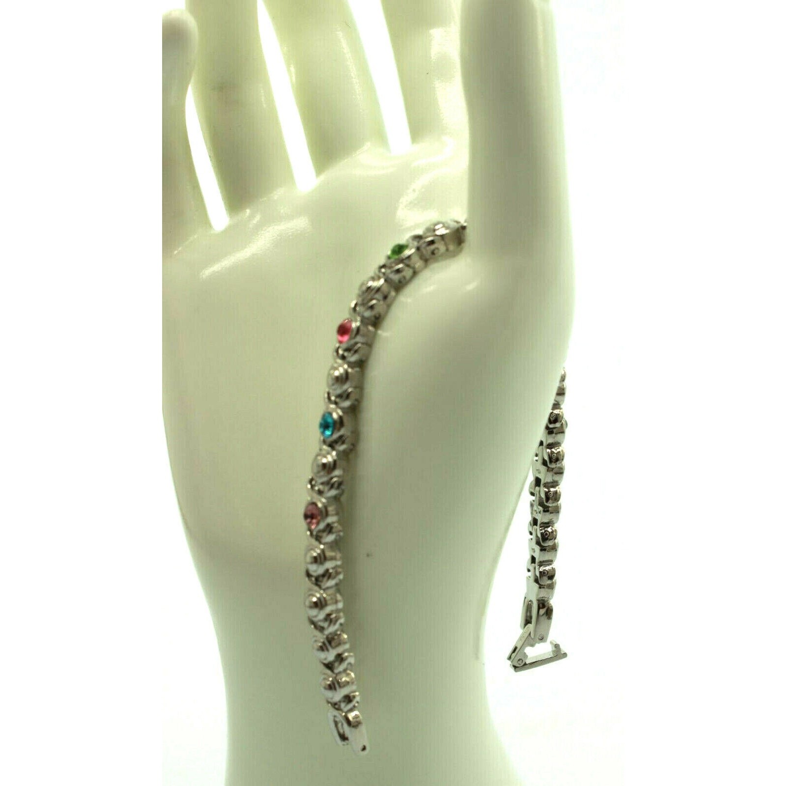 Silvertone Multi Colored Rhinestone Link Bracelet… - image 3