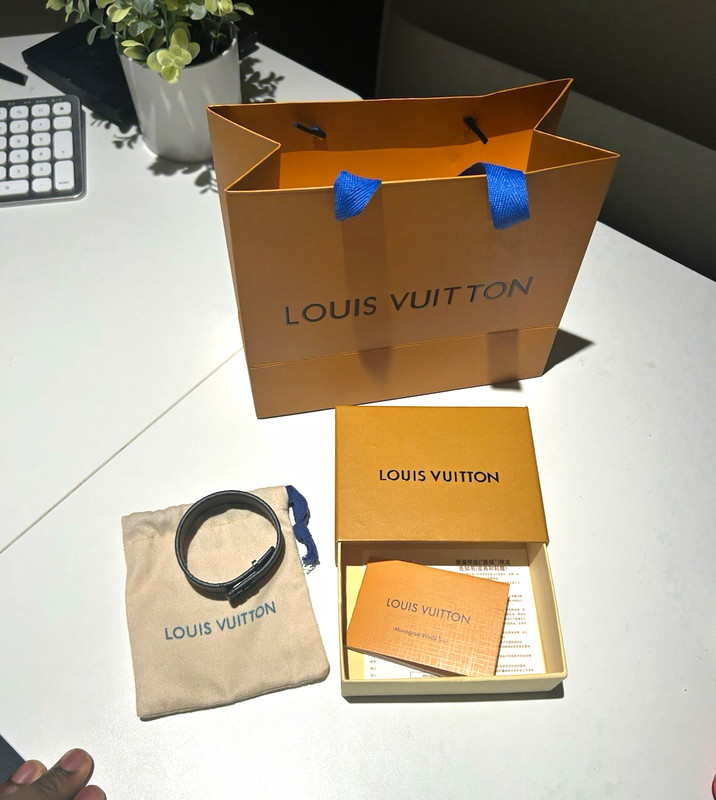 Louis Vuitton Men’s Black Leather Cuff Bracelet w/ Box, Dust Bag & Paperwork