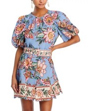 Farm Rio Blue Wonderful Bouquet Puff Sleeve Belted Mini Dress Large EUC