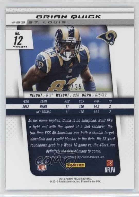 2013 Panini Prizm Auto Silver Prizm /25 Brian Quick #12 Auto - Image 2 of 2