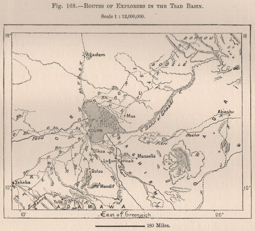 Routes of explorers in the Chad Basin. Chad. The Chad Basin 1885 old map
