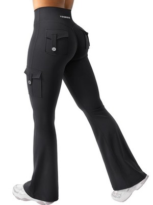 YEOREO CoreFlex Women Workout Flare Leggings with Pockets Hidden Large, Black