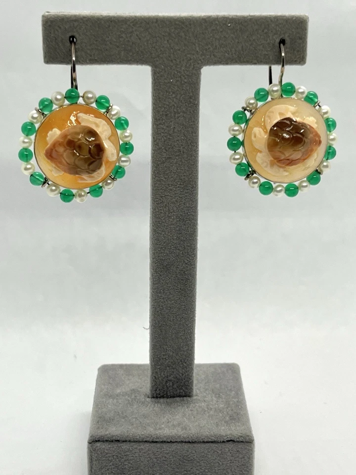 Orecchini in Argento 925 con Cammei Corniola Tartarughe, Perle e Avventurina - Immagine 2 di 4