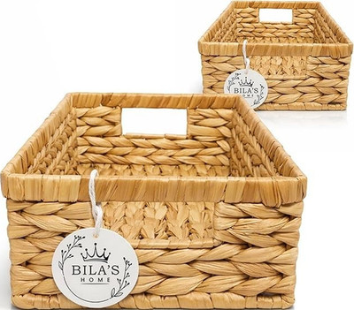 2 Handmade, Multi-Purpose, Water Hyacinth Storage Baskets with Handles Brown