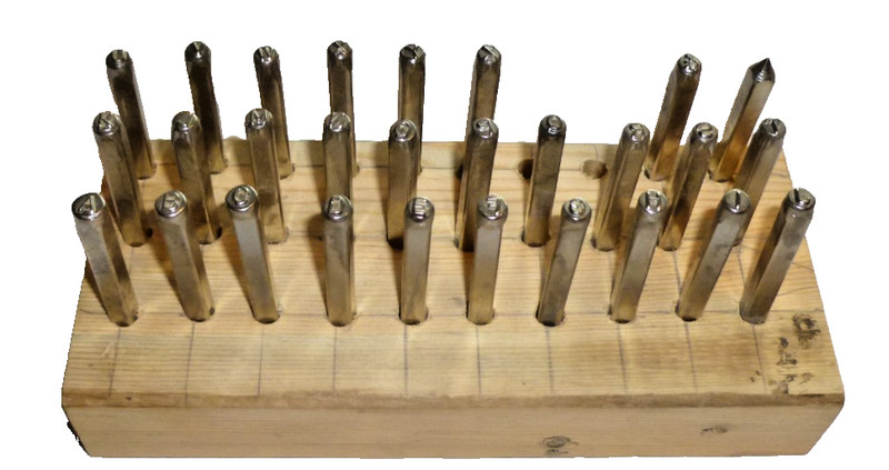 VINTAGE LETTER PUNCH STAMP SET COMPLETE IN WOODEN DISPLAY HOLDER  1/4 Inch