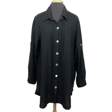 Vtg Match Point 100% Linen Button Shirt Black Roll Tab Long Sleeve Pleats USA L