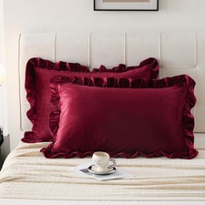 Burgundy Ruffle Pillow Cases Queen Size Velvet Pillow Cases 20x30 Inches Stan...