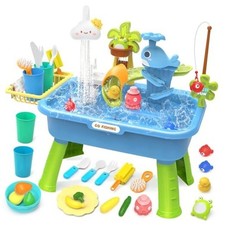 21" H Play Sink with Running Water, 4-in-1 Kids Kitchen Sink Toy with Blue