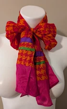 VTG Liz Claiborne 100% Silk Scarf 53x10" Hot Pink Red Orange Geometric 80's NWT