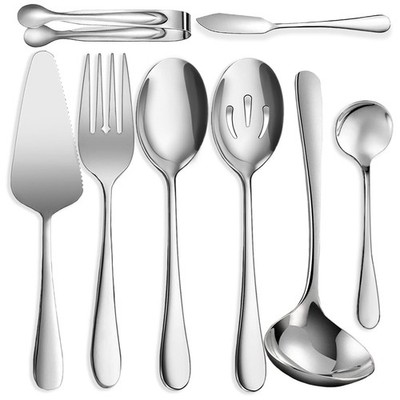 8 PCS Silver Stainless Steel Serving Utensils Large Spoons Forks Tongs Ladle