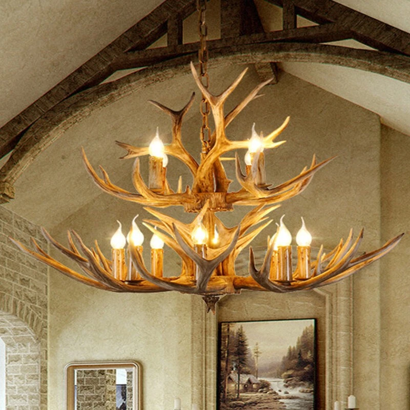 39" Rustic candle Antler Style LED Deer Chandelier Large Pendant Light Fixture - Image 2 of 4