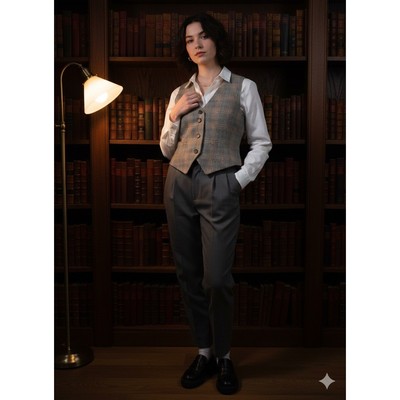 Nan Scott Vintage Glen Plaid Tailored Vest Grey Rust Plaid Waistcoat V-Neck L
