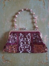 FORMAL EVENING BAG. BEAD SEQUINS BROWN CLUTCH PURSE POUCH METAL KISS CLOSURE