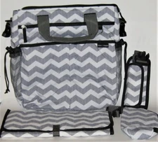 Chloe Happy Gray & White Unisex Diaper Bag With Changing Pad & Bottle Holder New