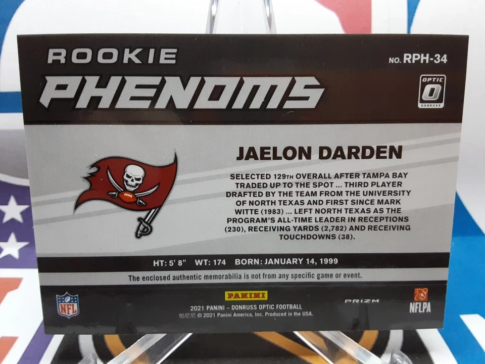 🏈2021 Panini Donruss Optic Rookie Phenoms Red Prizm Relic Jaelon Darden #RPH-34 - Image 2 of 2