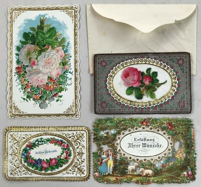 4 Litho Glückwunsch- Poesie- Freundschaft-Bild Spitzen-Bildchen Poesiealbum~1860