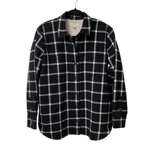 J Crew Shacket Sherpa Lined Plaid Flannel Womens S Oversized Black White Pockets - Picture 1 of 12