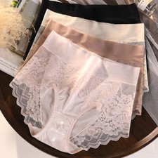 Women's High Waist Panties Seamless Lace Briefs Solid Colors Underwear Knickers