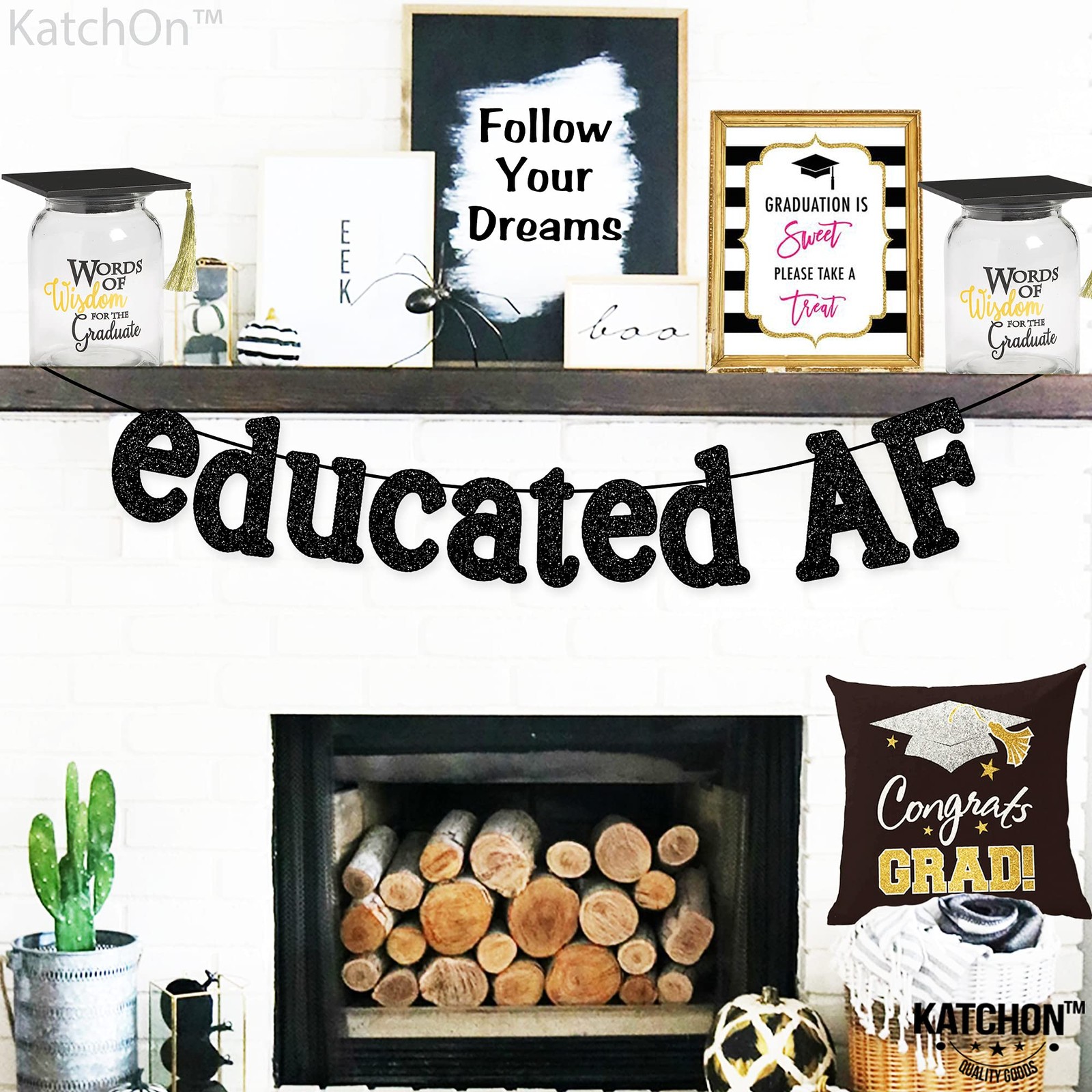 , Glitter Black Educated AF Banner - 10 Feet, NO DIY | 2025 Graduation Banner...