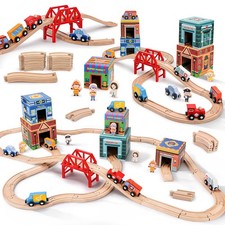 Wooden Train Set for Kids 3-7, Wood Train Tracks Complete Town Railway Playse...