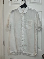 Mens Linen Shirt White M Short Sleeve Button Up Summer Beach Lightweight