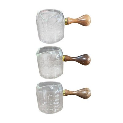 Messbecher für Kaffee, Milch, Kochen, Holzgriff, Espressotasse aus Glas
