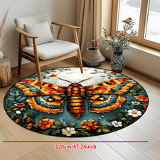 1pc Large Non-Slip Round Mat with Moth Floral Design - Blue Orange Black Green